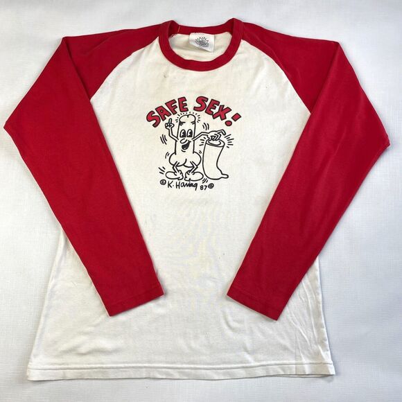 Vintage 1987 KEITH HARING "Safe S e x" LONG SLEEVE RAGLAN Tshirt! White Red Sz L - Picture 1 of 16